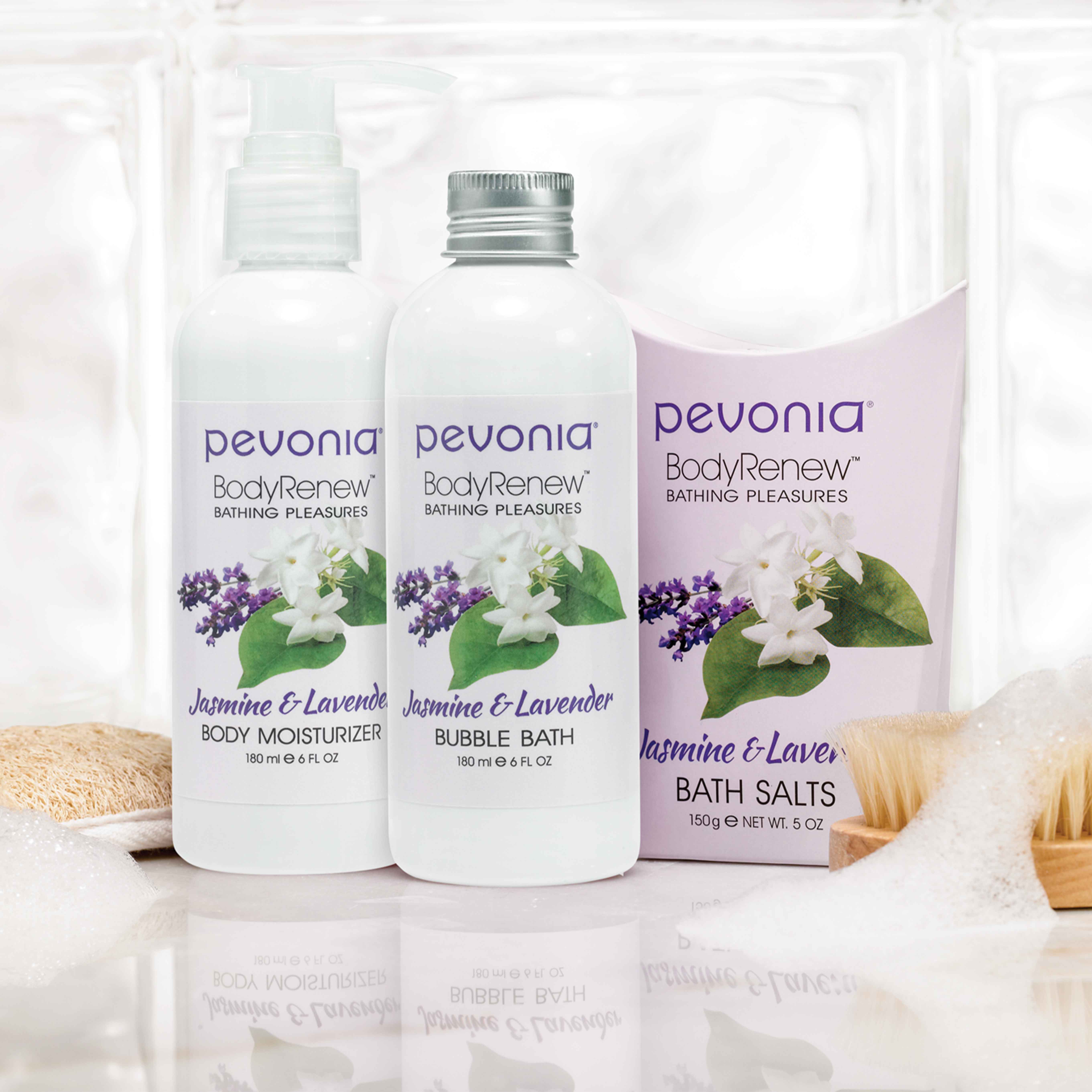 BodyRenew Jasmine & Lavender trio amongst bubbles.