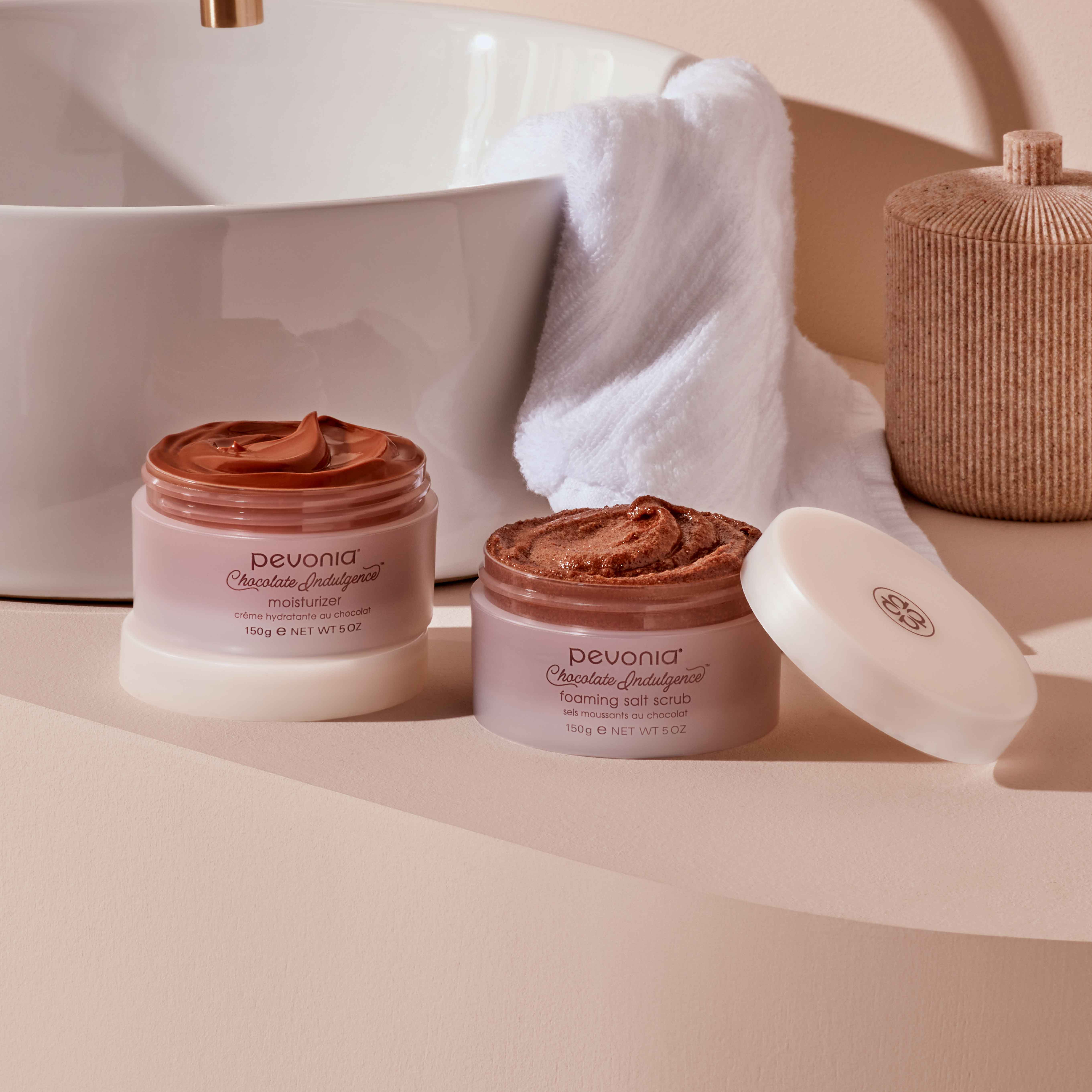 Chocolate Indulgence products near a bathroom sink.