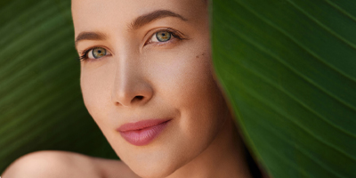 A woman in between two large, tropical leaves.