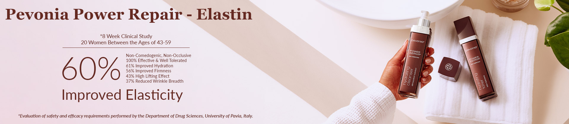 Banner detailing efficacy statistics for Pevonia's Power Repair Elastin products.